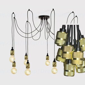 Puede incluir: Una l&aacute;mpara colgante de m&uacute;ltiples luces negra con 9 pantallas de tambor doradas que cuelgan de cables negros. Las pantallas tienen una superficie texturizada y un borde dorado.