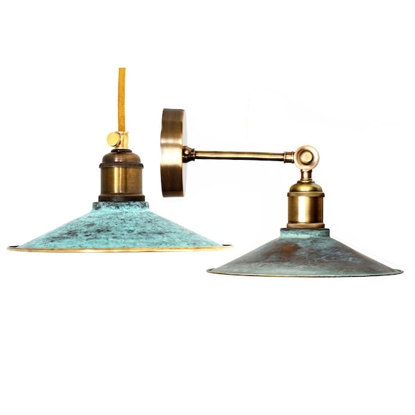 Handmade Brass with patina Pendant Light with matching wall Sconce Industrial Pendant Light Green shade pendant lighting unique sconces