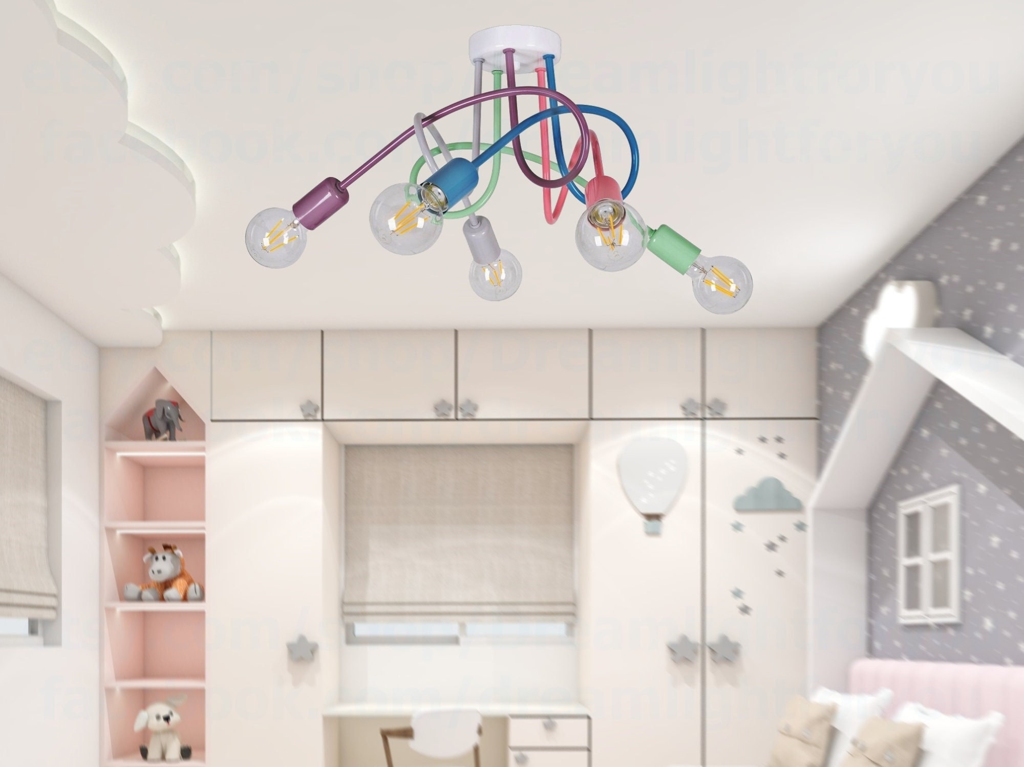 Multi-color chandelier Semi flush mount ceiling light Kids ceiling light fixture Playroom colorful light fixture Rainbow ceiling light