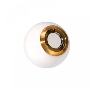May include: A white, spherical wall sconce with a brass-colored ring around a circular mirror. The sconce has a smooth, rounded shape and is designed for wall mounting. The brass ring is secured with small screws.