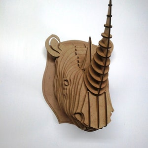 Neushoornkop 3D-puzzel Kartonnen dierenkop Dierenkop MDF neushoornkop Houten sculptuur Houten neushoorn wanddecor Jachttrofee Trofeekop
