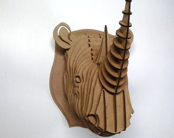 Rhino head 3D Puzzle Cardboard Animal head Animal head MDF rhino head Wood sculpture Wood rhino wall decor Hunting trophy Trophy head