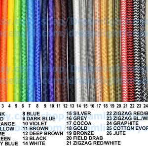 May include: A chart showing 26 different colors of electrical cord, with each color labeled with a number and a name. The colors include pink, red, orange, yellow, lime, green, sky blue, blue, dark blue, violet, brown, deep brown, black, white, silver, grey, cocoa, gold, bronze, field drab, zigzag red/blue, zigzag black/white, graphite, cotton ivory, and jute.
