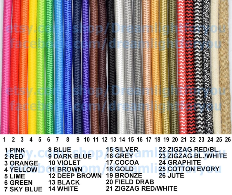 May include: A chart showing 26 different colors of electrical cord, with each color labeled with a number and a name. The colors include pink, red, orange, yellow, lime, green, sky blue, blue, dark blue, violet, brown, deep brown, black, white, silver, grey, cocoa, gold, bronze, field drab, zigzag red/blue, zigzag black/white, graphite, cotton ivory, and jute.
