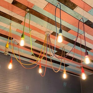 以下が含まれることがあります： カラフルなコードから複数の電球がぶら下がっている天井照明器具。コードは赤、オレンジ、黄色、緑、青、紫です。電球はすべてエジソンタイプで点灯しています。天井はピンク、青、白の色の木製の板でできています。