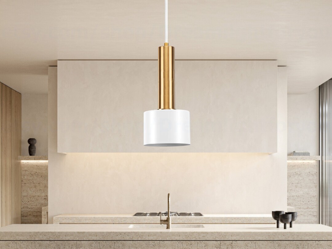 White & Gold Pendant Light for Kitchen Bar Cylinder Shaped Hanging ...