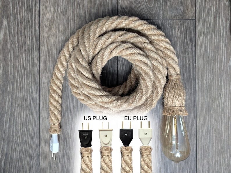 Bulb On Rope Design Plug-in Rope Pendant Light Hemp Rope Lamp Cord Marine Lamps Nautical ...