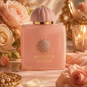 May include: A square, light pink perfume bottle with a rounded, ribbed pink cap and a gold-toned collar. The front features a circular emblem with intricate detailing above the gold text that reads AMOUAGE and below that, the word GUIDANCE.
