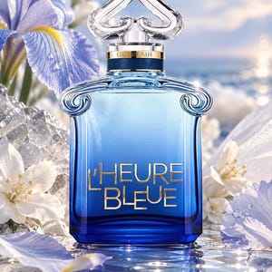 May include: A rectangular glass perfume bottle with a blue gradient finish, featuring the text L'HEURE BLEUE in gold lettering. The bottle has a clear, heart-shaped stopper and a gold collar with the brand name GUERLAIN embossed on it.