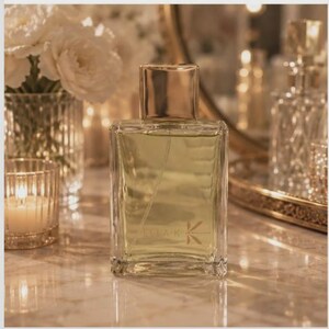 May include: A rectangular glass perfume bottle filled with a pale green liquid. The front of the bottle features the text ELLA K and a dragonfly logo etched in gold. It has a clear, square glass stopper and a thick, transparent glass base.