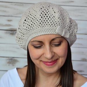 Summer beret hat women, french beret cotton, beige crochet beret with bow