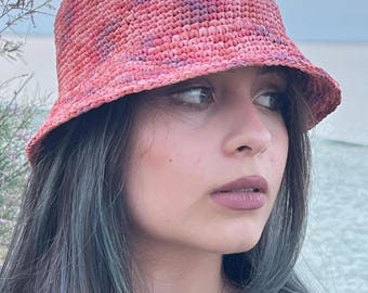 Crochet Raffia Bucket Hat: Orange Brown Boho Sun Hat, beach panama