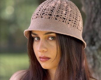 Crochet Cotton Bucket Hat: Beige Lace Sun Hat for women