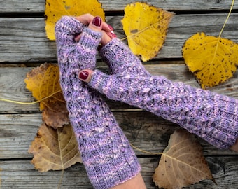 Hand knitted mittens, lilac fingerless gloves, cable knit gloves women, wrist warmers, wool mittens, gift for girlfrieng, texting gloves