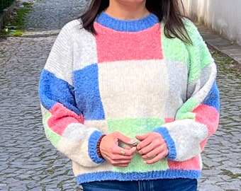Hand Knit Checkered pullover Sweater: chunky Color Block Pullover