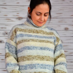 Hand-Knitted Merino Wool Sweater: Beige Striped Turtleneck Pullover