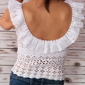Weißes Häkeltop, Boho Sommer Top, Häkel Top mit Rüschen, weißes Spitzen Top, Sommer Festival Top, Rüschen Top