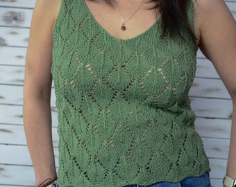 Cotton tank top women, hand knit top women, sheer top, green summer top, boho style lace top, beachwear, gift for girlfriend