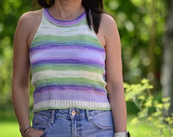 Beach tank, Crop top, hand knit top cotton, summer festival top, bohio style clothing , cottagecore, handmade