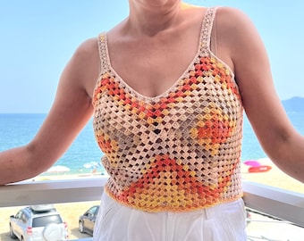 Granny square top, crop top, summer tank cotton, festival top, bikini bustier, beach top women, hand kni tank, boho style top