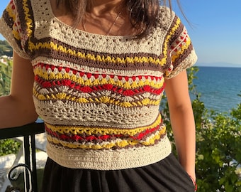 Crop top, granny square top, boho style crochet, beach tank cotton, festival top, hippie blouse, hand knit top women, lace top