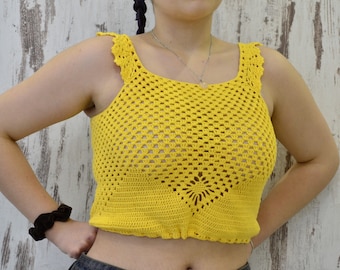 Crochet tank top, crop top, yellow handmade tee, summer crochet, beach top, bikini cover-up, boho lace top