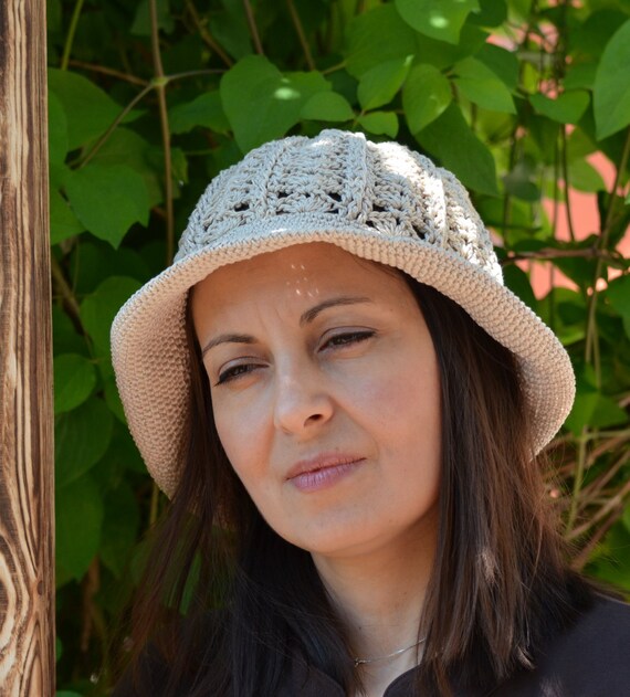 Handmade Crochet Cotton Bucket Hat: Beige Lace Sun Hat - Etsy display picture 1