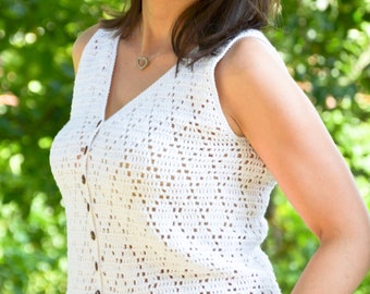 Top corto de verano de crochet para mujer: chaleco bohemio de encaje de algodón blanco