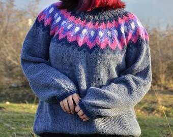 Icelandic Sweater Women Blue Wool 