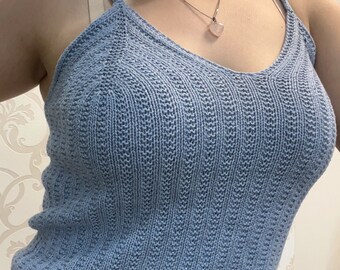 Hand knit top, summer, cotton tank, V-neck top, blue top women, minimalist top, capsule wardrobe, cottagecore clothing, beachwear