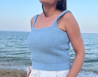 Crop top, crochet beach top, cotton tank women, blue knit top, hand knit tank, summer top, sqare neck  bustier,  beachwear