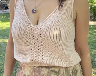 Haut court, haut de plage tricoté à la main, débardeur en coton pour femme, haut rose, haut en coton minimaliste, hauts de festival d'été, vêtements cottagecore