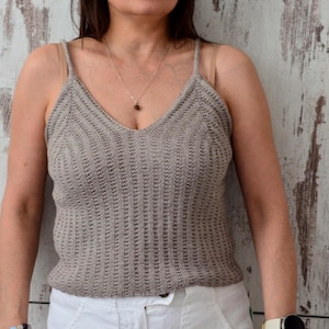 Beige minimalist tee, hand knit top, cotton tank women, capsule wardrobe, cottagecore clothing, lightweight summer tank, ribbed v-neck top