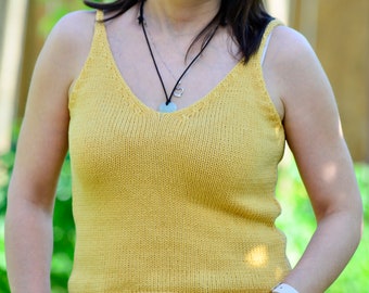 Mustard tank, minimalist top, hand knit top, cotton tank women, base tank, crop top, v-neck top, summer festival tops, cottagecore clothing