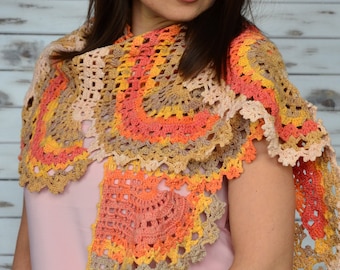 Crochet Triangle Shawl: Hand-Knitted Lace Scarf, Orange yellow Cotton Stole