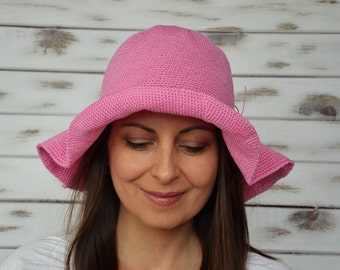 Crochet Sun Hat: Pink Cotton Floppy Wide Brim Beach Hat