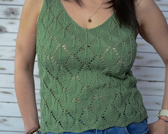 Hand Knit Green Lace Tank Top: Cotton Boho Beachwear