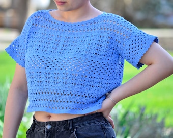 Lace top women, crop top crochet, oversize top, summer top cotton, blue hand knitted top, short sleeves tank, boho style crochet, beach top