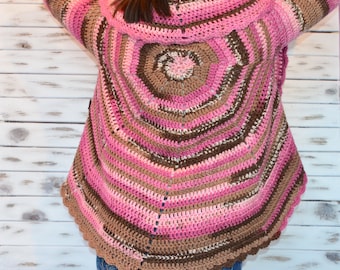 Crochet circle cardigan, Boho vest, Pink cardigan, hand knitted, circle vest, Knit jacket women, hippie vest crochet
