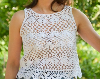 Crochet Crop Top: White Cotton Lace Boho Beach Coverup
