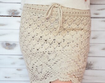 Crochet skirt, summer skirt with lining, beach sexy skirt, pencil skirt, lace beighe skirt, boho crochet skirt, festival clothing bohemian