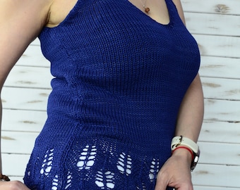 Summer top women, hand knit tank, blue top with lace trim, beach lace top, V-neck top, ligtweight viscose top, beachwear