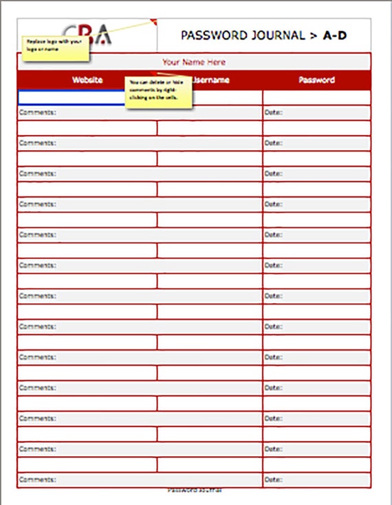 Password Journal Template