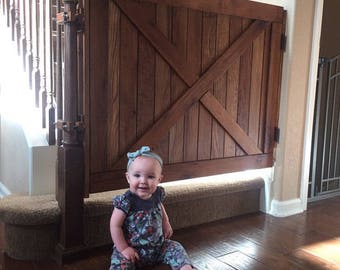 Traditional Barn Door Baby Gate For Stairs, Custom Pet or Baby Gate, Solid Wood, for Dogs and Puppies, Child proof, Made to Fit.