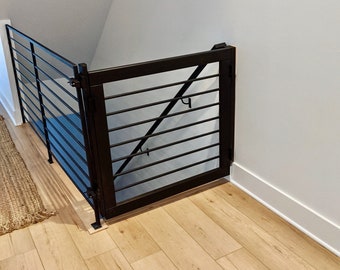 Horizontal Baluster Gate Modern Contemporary Feel, Custom Pet or Baby Gate, Solid Wood and Metal, Child proof, Made to Fit.