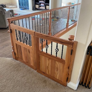Saloon Door Gate with Baskets and Twists, Custom Pet or Baby Gate, Solid Wood and Metal, for Dogs and Puppies, Child proof, Made to Fit.