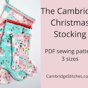 CHRISTMAS STOCKING PATTERN, pdf sewing pattern, 3 sizes, Cambridge Christmas stocking pattern, patchwork holiday stocking pattern image 1