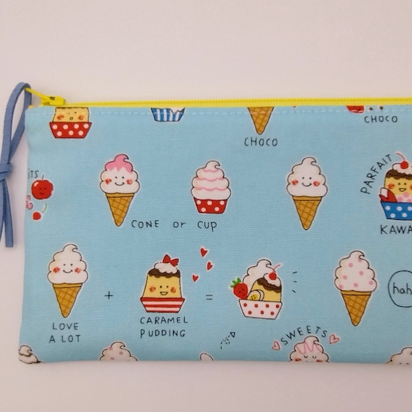 SLIM PENCIL CASE, handmade sewing notions case, cosmetics pouch, back to school gift, ice creams fabric pencil pouch, lined zipper pouch