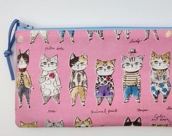 SLIM PENCIL CASE, handmade sewing notions case, cosmetics pouch, lined zipper pouch, back to school gift, Sobakasu Kids cats fabric