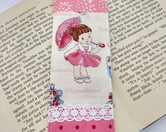 FABRIC BOOKMARK, patchwork bookmark, child's bookmark, girl's bookmark, pink bookmark, Atsuko Matsuyama fabric bookmark, Pam Kitty fabric